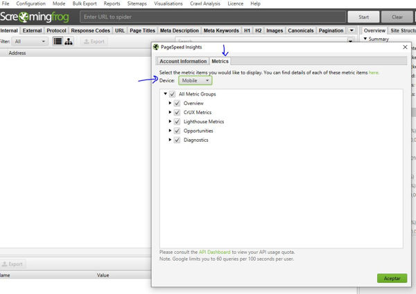 API PAGE SPEED SCREAMING FROG METRICS